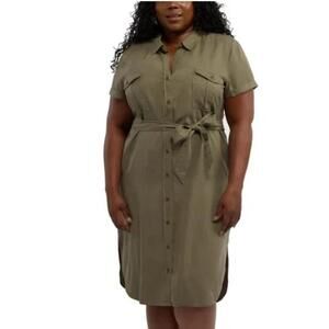 Teddi Rose Tencel Shirt Dress Green Short Sleeve Button Front Belt Size XL. BM